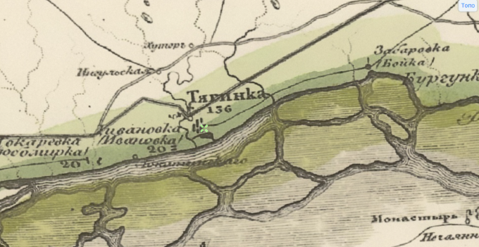 Тягинка на карте Шуберта 1832 года
